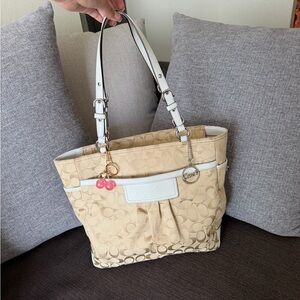 Coach Tan Signature Tote with White Accents